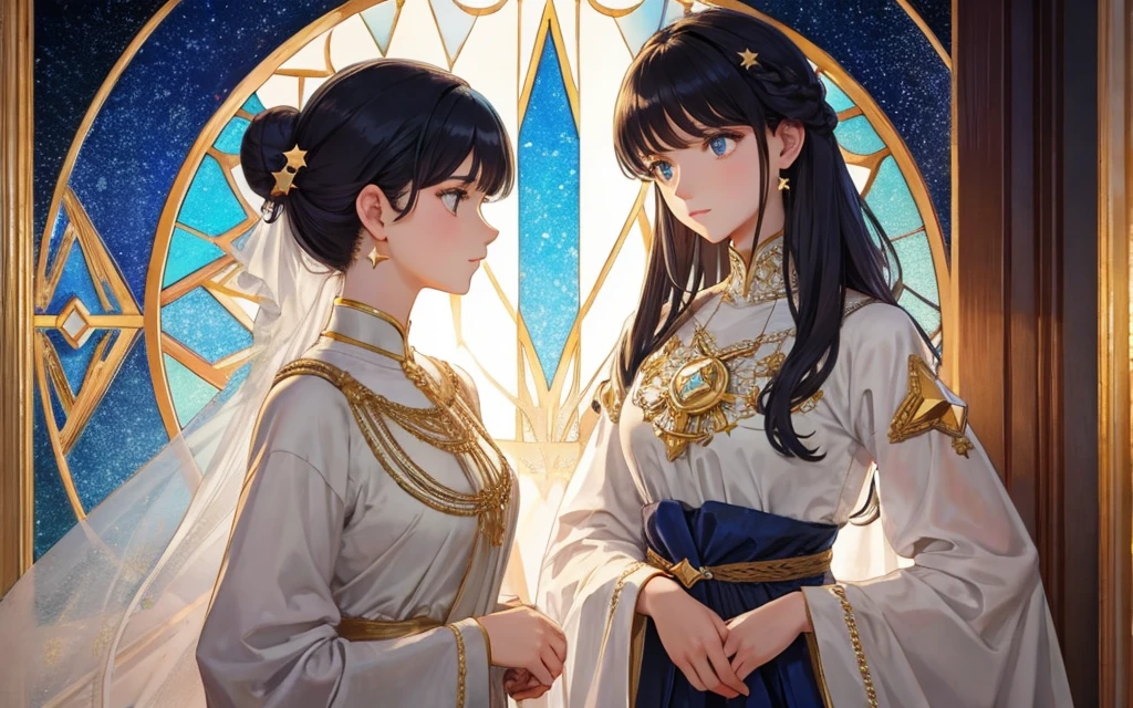 1 person, (masterpiece, Highest quality, Highest quality, beautifully、aesthetic: 1.2), (1 person: 1.3), A lot of gems, Delicate clothing, Square picture frame, ((face)), Sharp pupils, cool face, Arab traditional clothing, Color Hair Styles, Very detailed, Soft Light, Gentle colors, alone, Hair Bun, dynamic, (((geometric star patterns in the background))), face, Alphonse Mucha