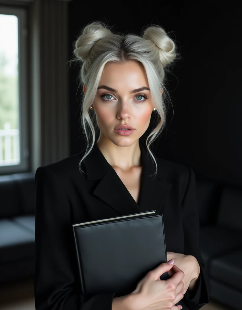 Beautiful Russian girl with white skin, light gray hair, The hair is gathered in two buns., Smooth facial features, girl model, dasha taran, professional Photo, 4K, a high resolution, high detail, aesthetically pleasing, Beautiful, realistic, standing straight, Looks straight, holds a black book, against the backdrop of a black living room, (very detailed skin:1.2), contract for 8 thousand., SLR camera, very detailed face, artistic composition, Photo,