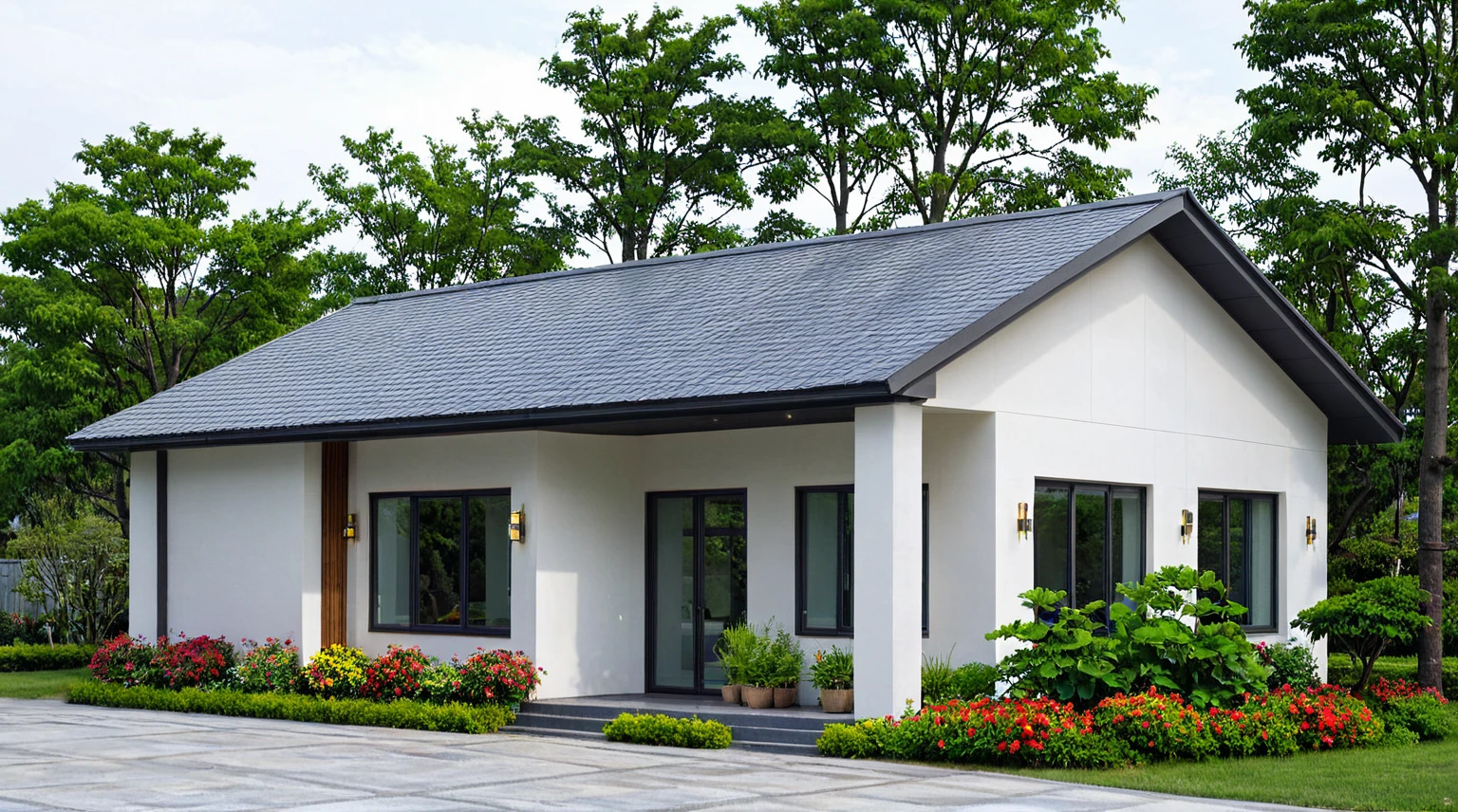 Raw photo,Masterpiece, high quality, best quality, authentic, super detail, exterior, outdoors, house style modern on the street,pavement, grass, trees, sky, cloud, (day:1.1), MIX WHITE AND Chocolate style color ; CHOCOLATE COLOR STYLE ROOF TILES, japanese roof style
