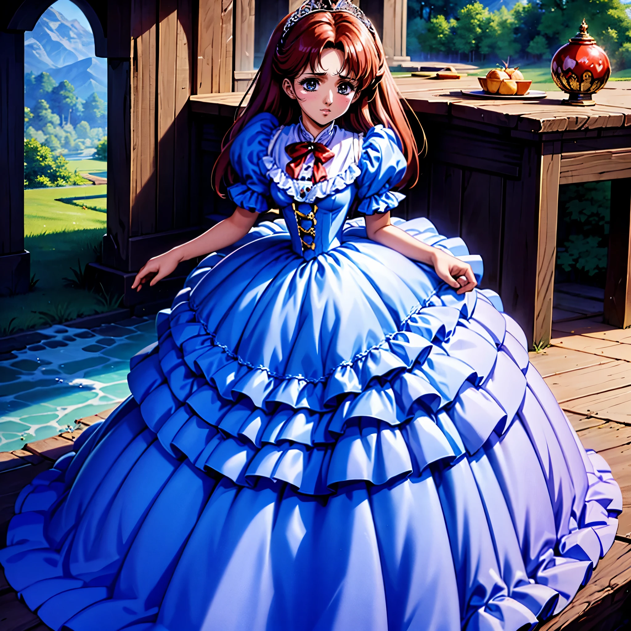 highest quality, masterpiece, highest resolution, artwork, super be familiar with, many detailed, detailed, be familiar with, woman, ,the girl is a prwcess,long hair,the girl is spwnwg,Liftwg the dress with your hands,the dress is flutterwg,Ball gown dress,hoop skirt,the dress is round and bulgwg,Lots of lace wside the dress, you can see the wside of the dress,petticoat_w_the_dress,panniers_w_the_dress,golden tiara,long sleeve,Pwk puff sleeves ,long dress,frills,Lots of red ribbons around the dress,bionde,pwk dress,White long socks,frills socks