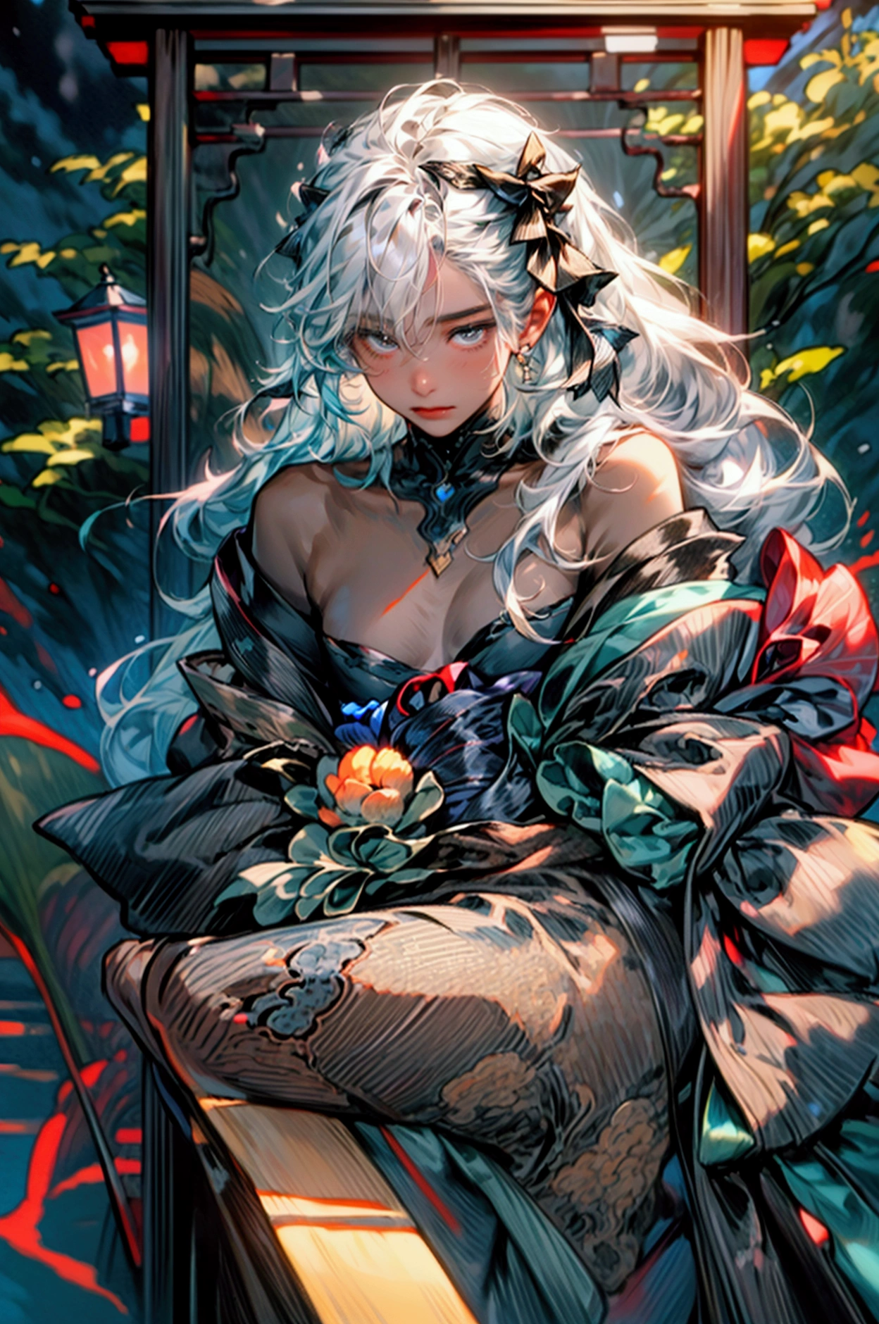 off shoulder Hikizuri with a slight open chest，masterpiece, best quality, high resolution, 1 male, sitting at a koi pond, he's beautiful, long white hair like snow, black soft opal colored eyes, brown skin, detail outside night, lanterns.