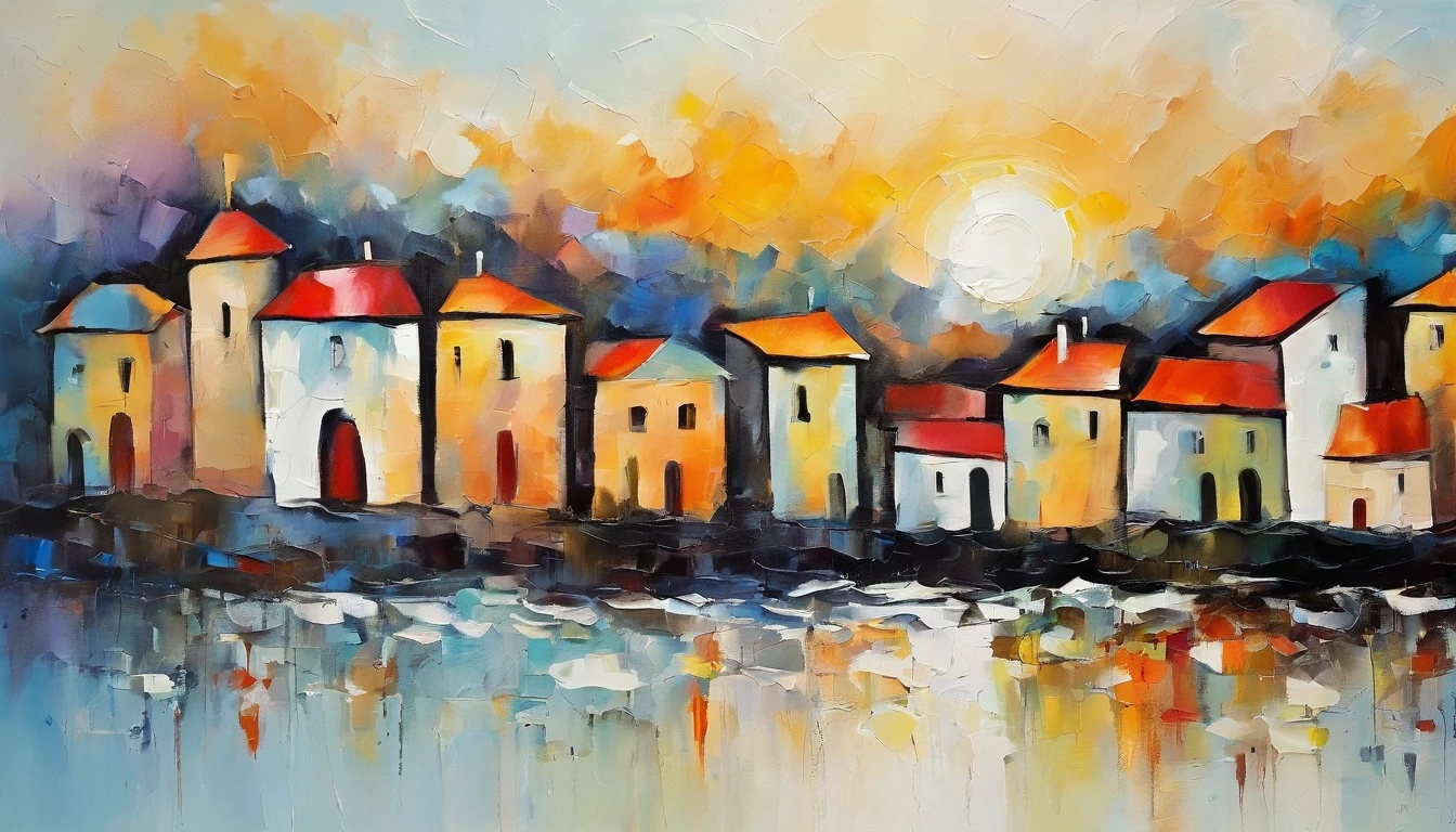 Little town by the sea, ink painting, minimalism, abstract painting, pastel colors