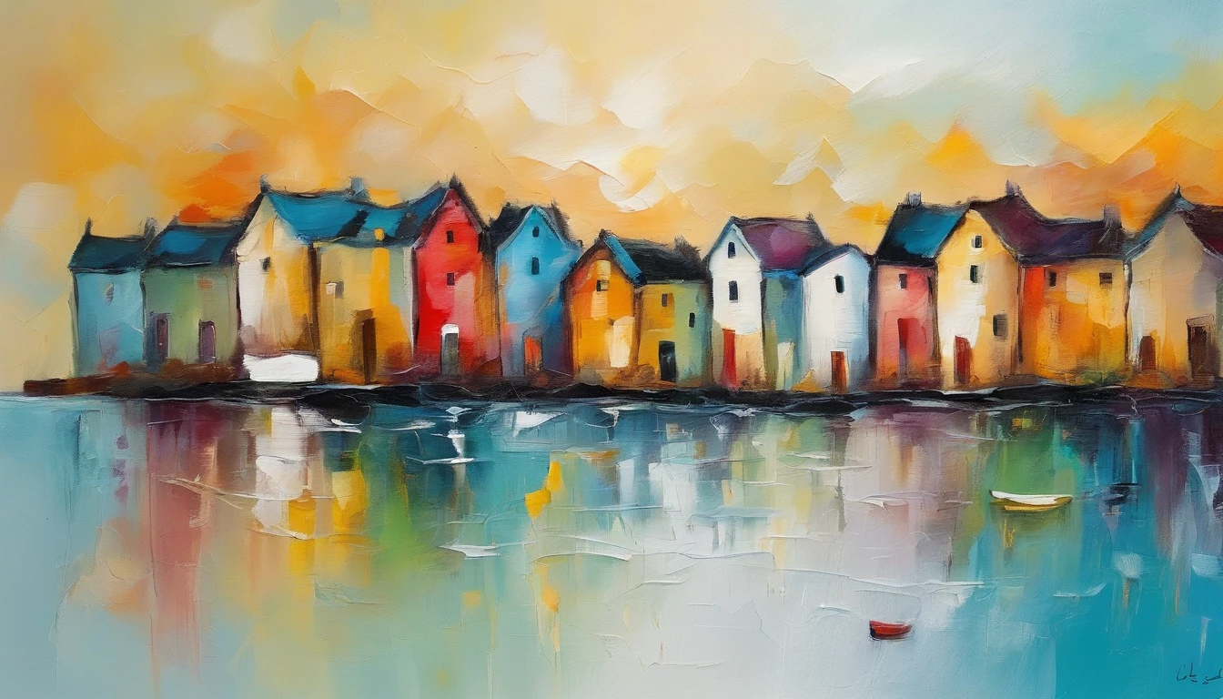 Little town by the sea, ink painting, minimalism, abstract painting, pastel colors