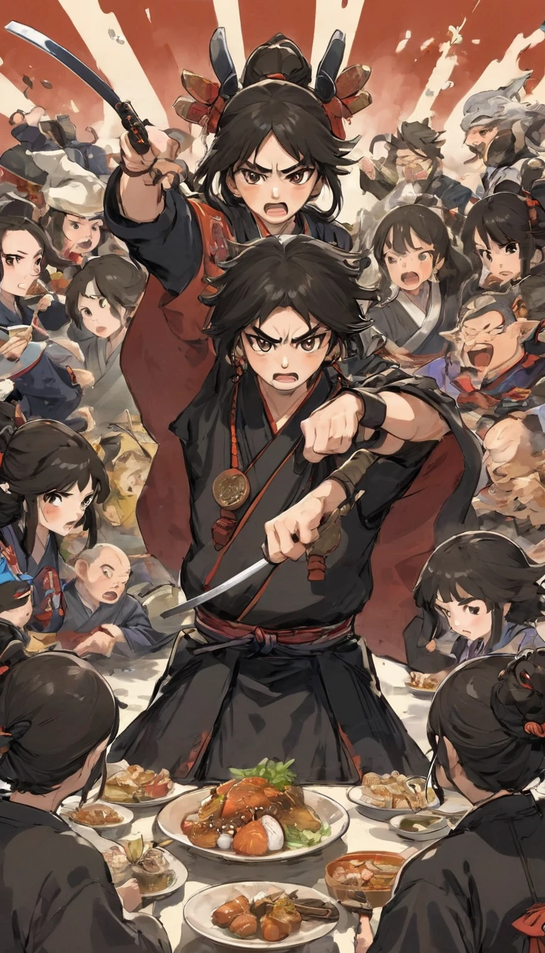 A samurai angrily pointing at another in a feast, but everyone else is like, “Uh-oh, here we go again!” The tension is real, but there’s also a vibe of “This guy doesn’t back down, does he?”