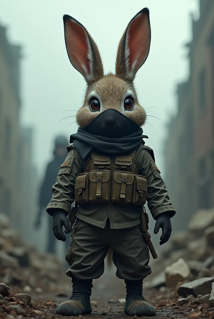 scarred bunny person in a soldier uniform, vest and mask ready for an epic battle with eerie background