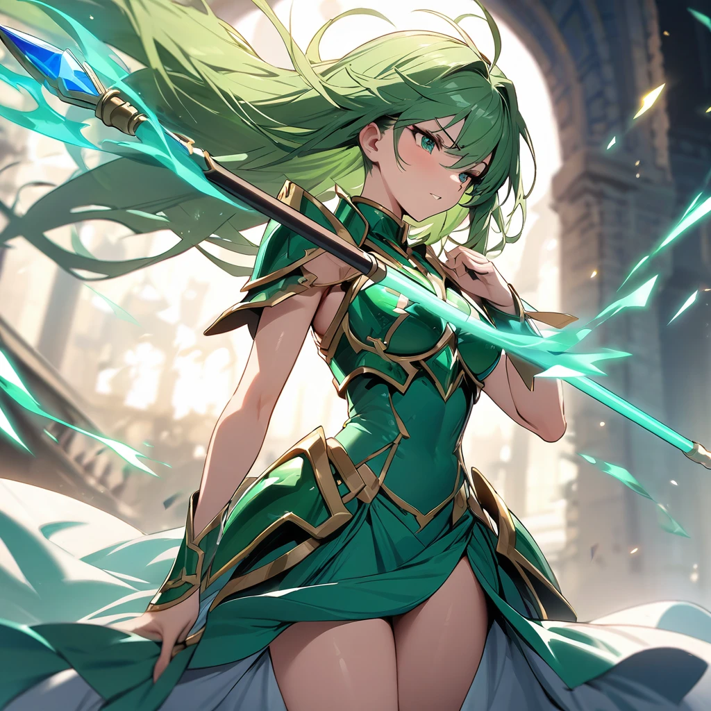 Top quality, masterpiece, high resolution, girl, magic knight, green hair, emerald green armor dress, wind magic, magic staff