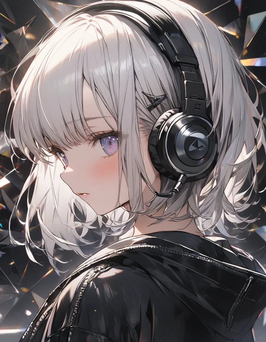 masterpiece、1 girl, white hair、short hair, headphone, Black hoodie、Focus on the face, geometric pattern background