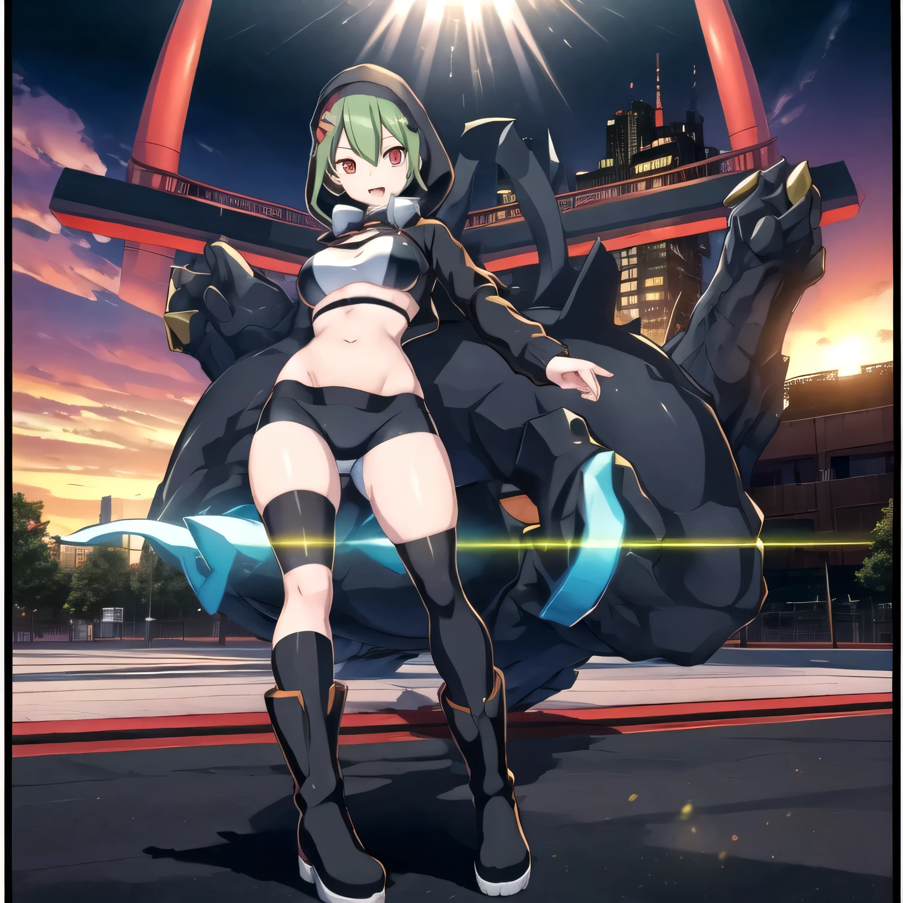 beautiful woman, short green hair, red pin, black hood, black open jacket, sports bra, thight gym shorts, high knee black socks, high boots, long sleeve, dynamic pose, rina shinomyia, a cartoon picture of a woman in a black and white outfit, an anime drawing inspired by Kōno Michisei, trending on pixiv, shin hanga, hinata hyuga, wearing black tight clothing, anya from spy x family, skintight black clothes, anime full body illustration, anime vtuber full body model, asuka suit under clothes!
