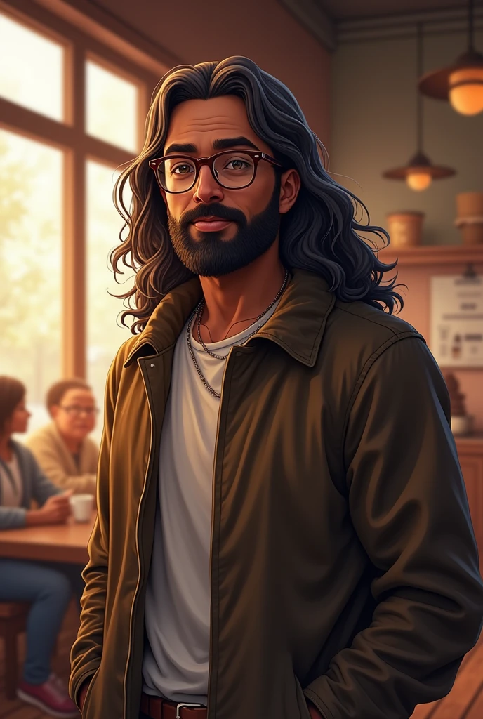 A 35 year old six feet tall brown skin man with fat healthy body with long hair wuth few grey hair strands wearing glasses
