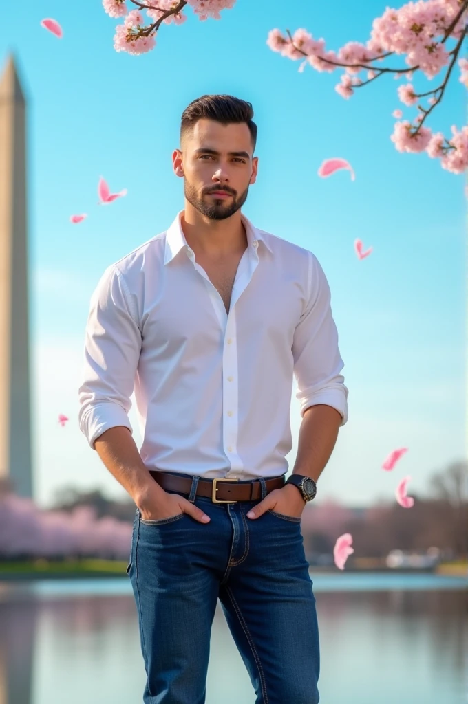Handsome man crew cut hair wearing white shirt and blue jeans, standing in front of lake and cherry blossom, Washington monument on the background, blue sky in the morning 