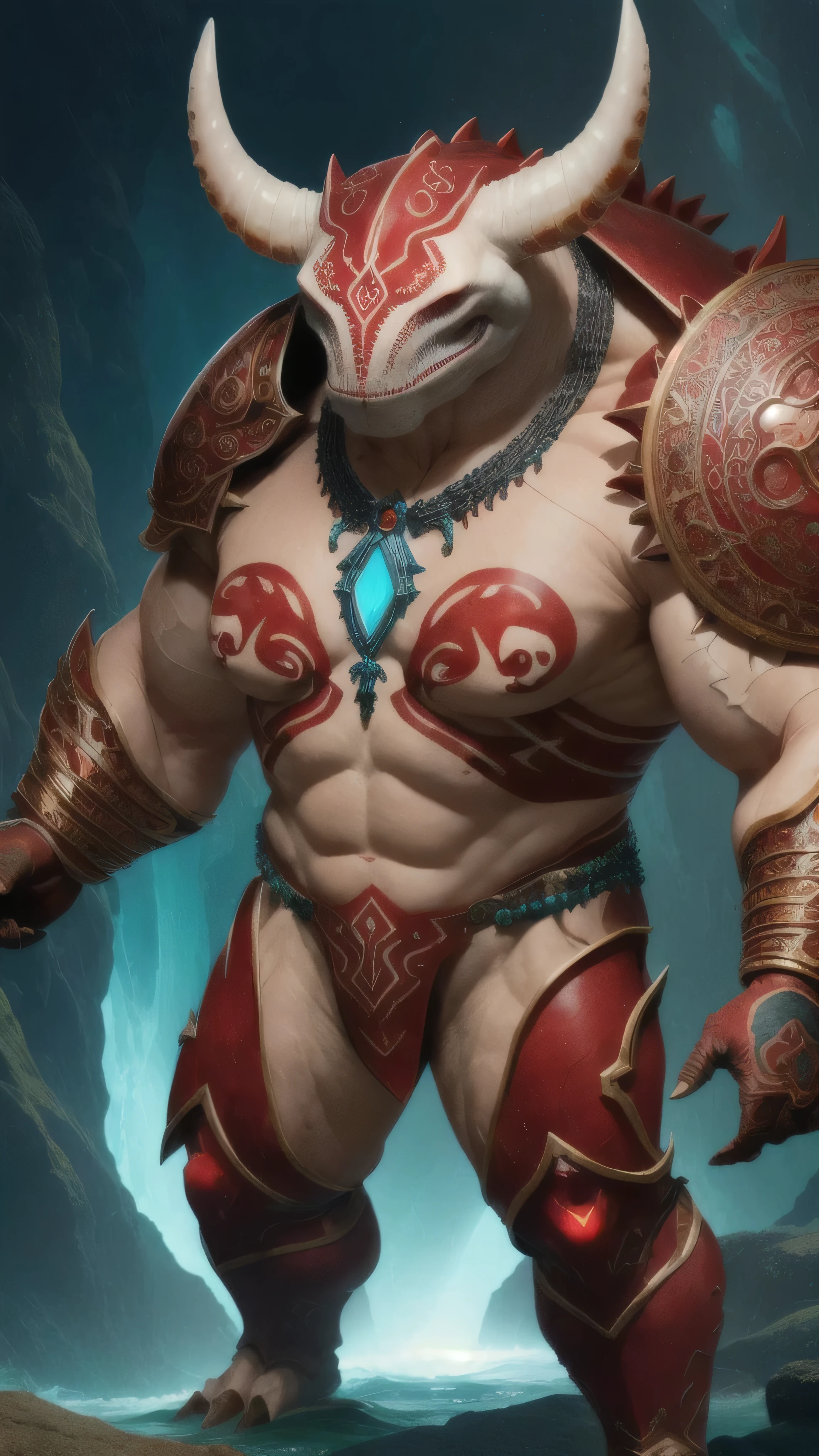 powerful, anthropomorphic, aquatic, shark-like alien humanoid, large imposing physique, muscular build, stern menacing expression, smooth bone-like skin, red gemstone embedded at the top, narrow glowing eyes, white pale skin, shoulders adorned with a thick, fur-like material, on right shoulder large ornate armour piece resembling a horned beast's skull, chest is marked with red, tribal-like symbols, necklace made of green stones or gems