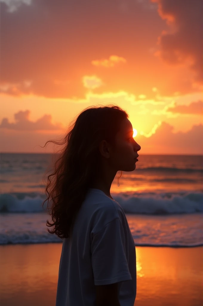 Create an image of a sunset with a silhouette of a ager standing on a beach. The teen should be facing the horizon, with the sunset casting a warm, golden glow in the background. Ensure the face is not visible, and focus on the peaceful, reflective mood of the scene."