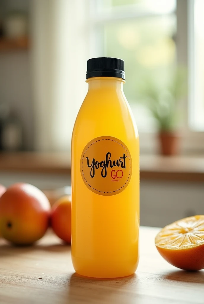 Realistic picture of a translucent plastic bottle with a black cap of 400 ml of yoghurt mango with round sticker of 4cm written Yoghurt-Go