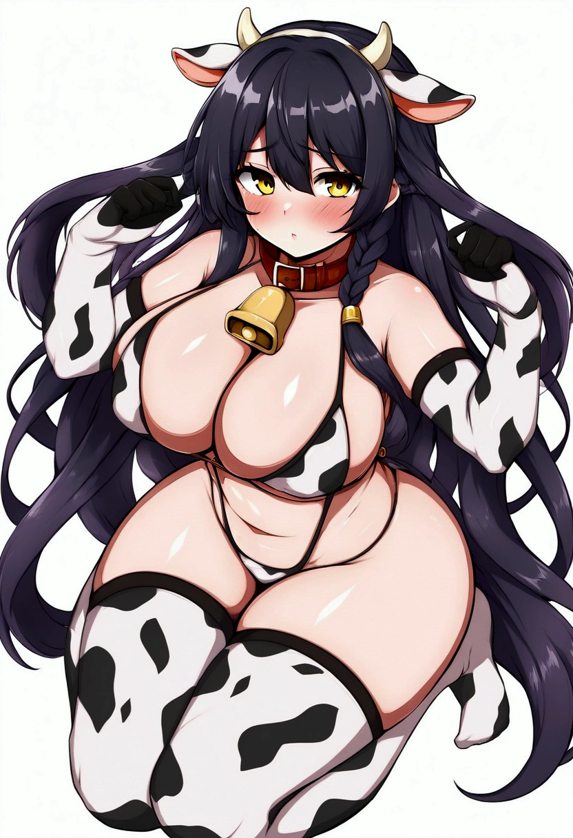 1girl, solo, long hair, , looking at viewer, blush, simple background, black hair, thighhighs, gloves, white background, animal ears, yellow eyes, braid, thighs, horns, collar, bell, thick thighs, animal print, neck bell, cow print, cow ears, cow horns, cowbell, cow girl