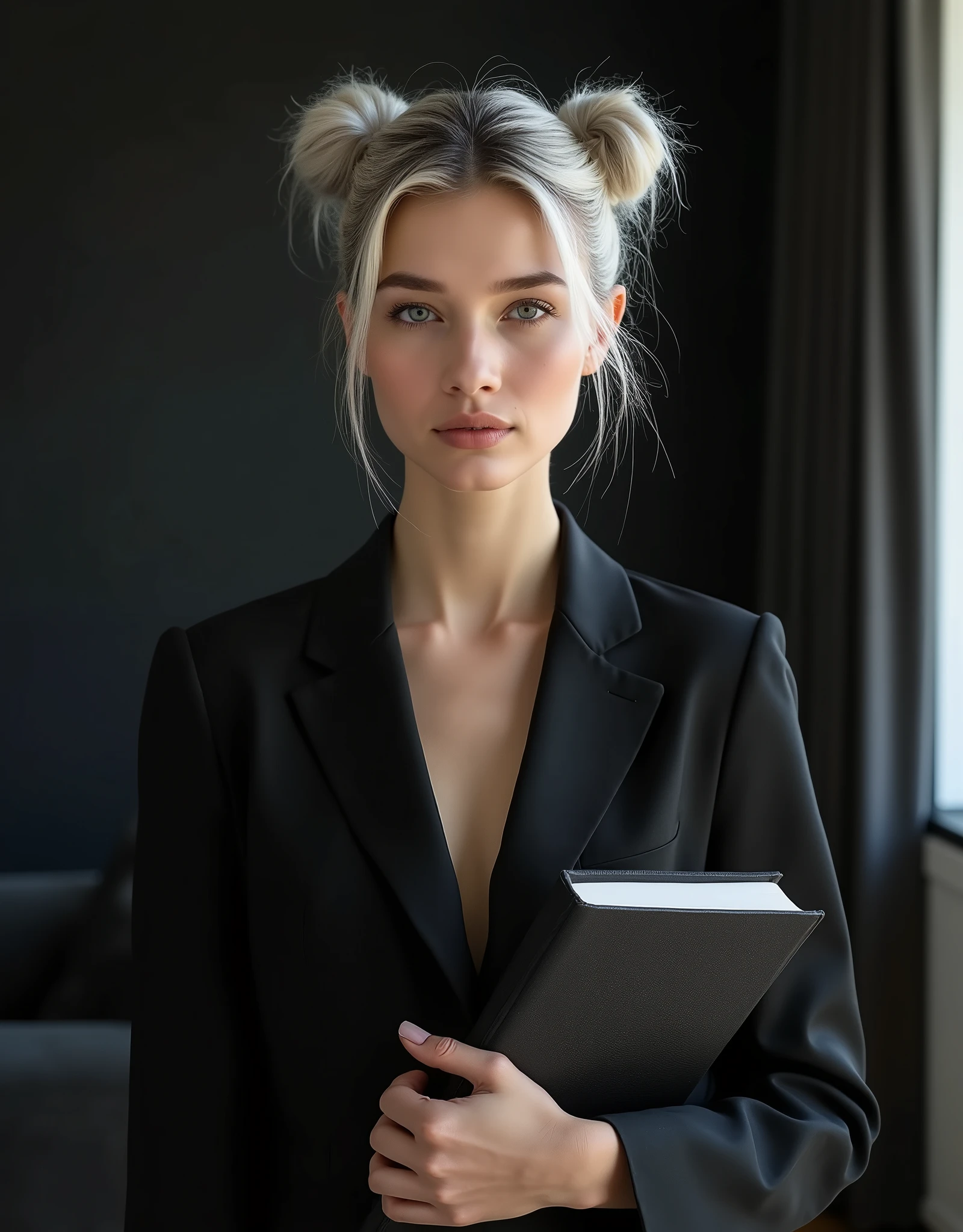 Beautiful Russian girl with white skin, light gray hair, The hair is gathered in two buns., Smooth facial features, girl model, dasha taran,  professional Photo, 4K, a high resolution, high detail, aesthetically pleasing, Beautiful, realistic, standing straight, Looks straight, holds a black book, against the backdrop of a black living room, (very detailed skin:1.2), contract for 8 thousand., SLR camera, very detailed face, artistic composition, Photo,