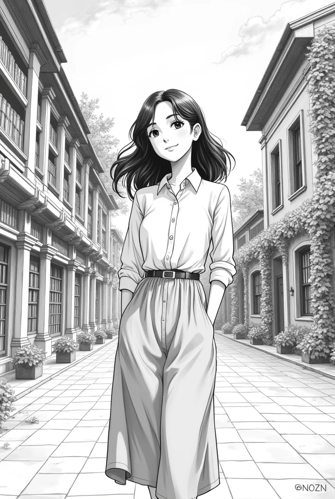 A college girl, medium complexion, long skirt and button-up shirt, medium length hair in black and white manga style 