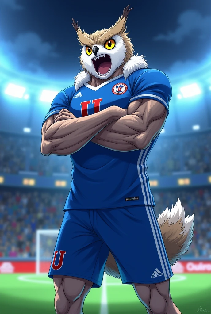  Owl, in human form, Love, muscular, blue soccer jersey, a red U with a white border on the upper left side, white Adidas logo on the upper right side, blue shorts and small Adidas logo on the bottom, Crossed arms, shouting a goal, anime style.