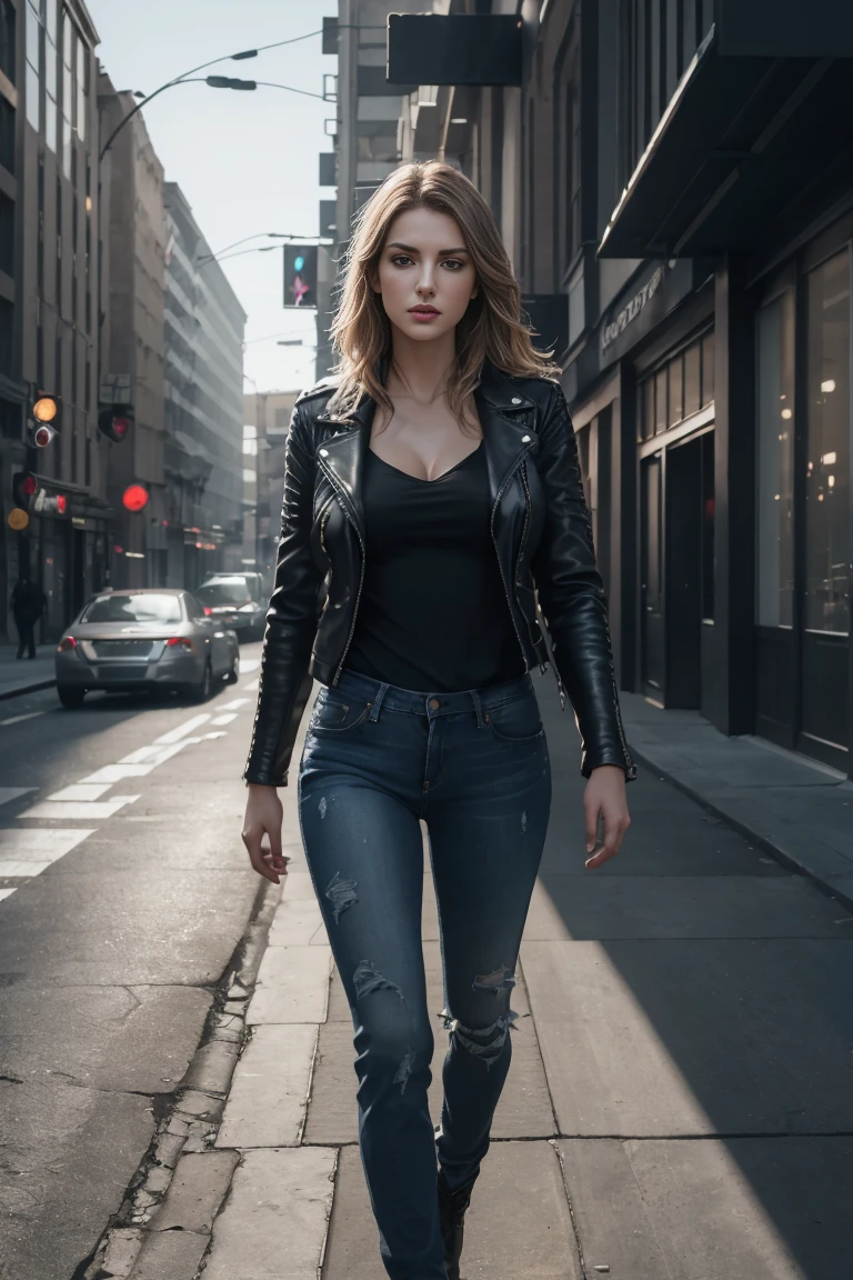 design, interrior, interriordesign Masterpiece, best quality, (highly detailed raw photo:1.2), 8k render in octane, volumetric lighting, volumetric shadows portrait of a woman, (pasionate look), jeans, leather jacket, pullover, walking in city