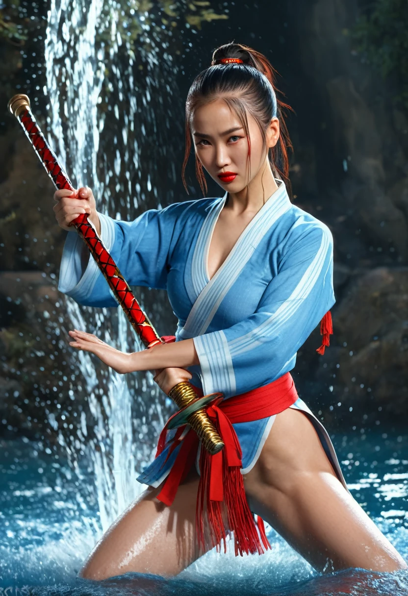 (Extremely detailed CG unity 8k wallpaper,masterpiece, best quality, Very detailed),(Incredible lighting, Dynamic camera angles),Water sword, Blue splash,stream, flowing water,Large Breasts, Beautiful girl with oriental face,Ponytail, Oval face,Phoenix eye,high nose,Red lips,Elegant martial arts attire,watercolor,Advanced Film Textures