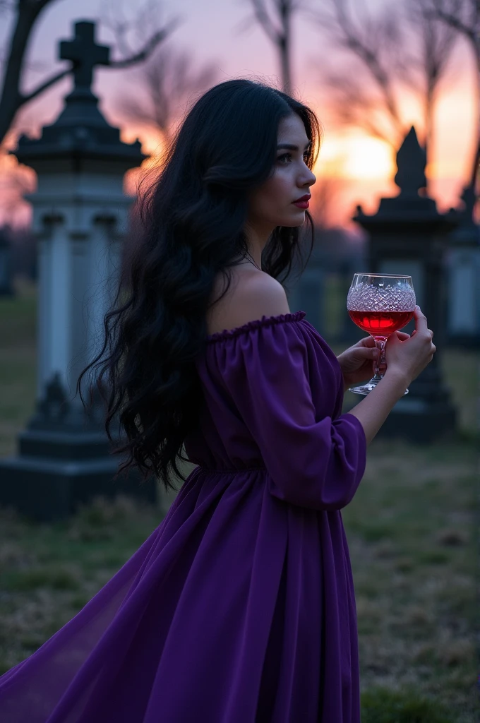 Woman with long black hair wearing a purple dress and holding a glass in her hand, cemetery background 