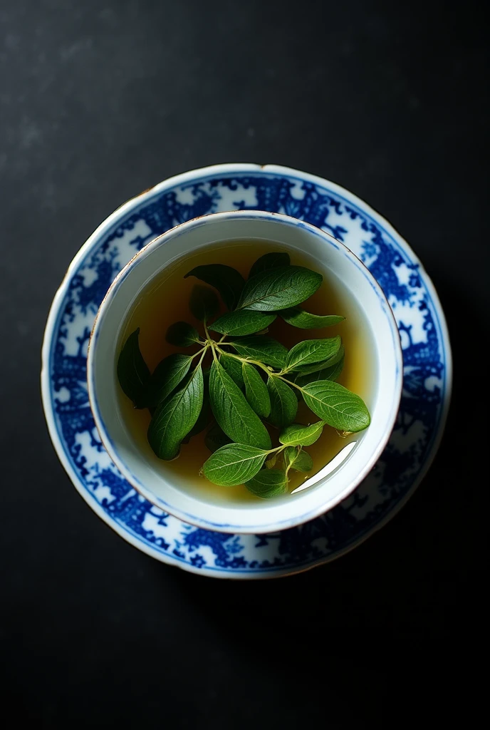 The camera looks down from directly above on a Chinese blue and white porcelain teacup filled with dark green one-core and two-leaf Chinese mountain tea.,((Right beneath the surface, You can see that after drying, the Chinese high mountain dry tea with one core and two leaves is soaked in dark green.)),simple,Movie Lighting,专业photography,Studio Lighting,Black desktop background,photography,Intricate details,Ultra Detail,Hyper-photorealism,8K Ultra HD ((Top-down view,Top view, bird's eye view))