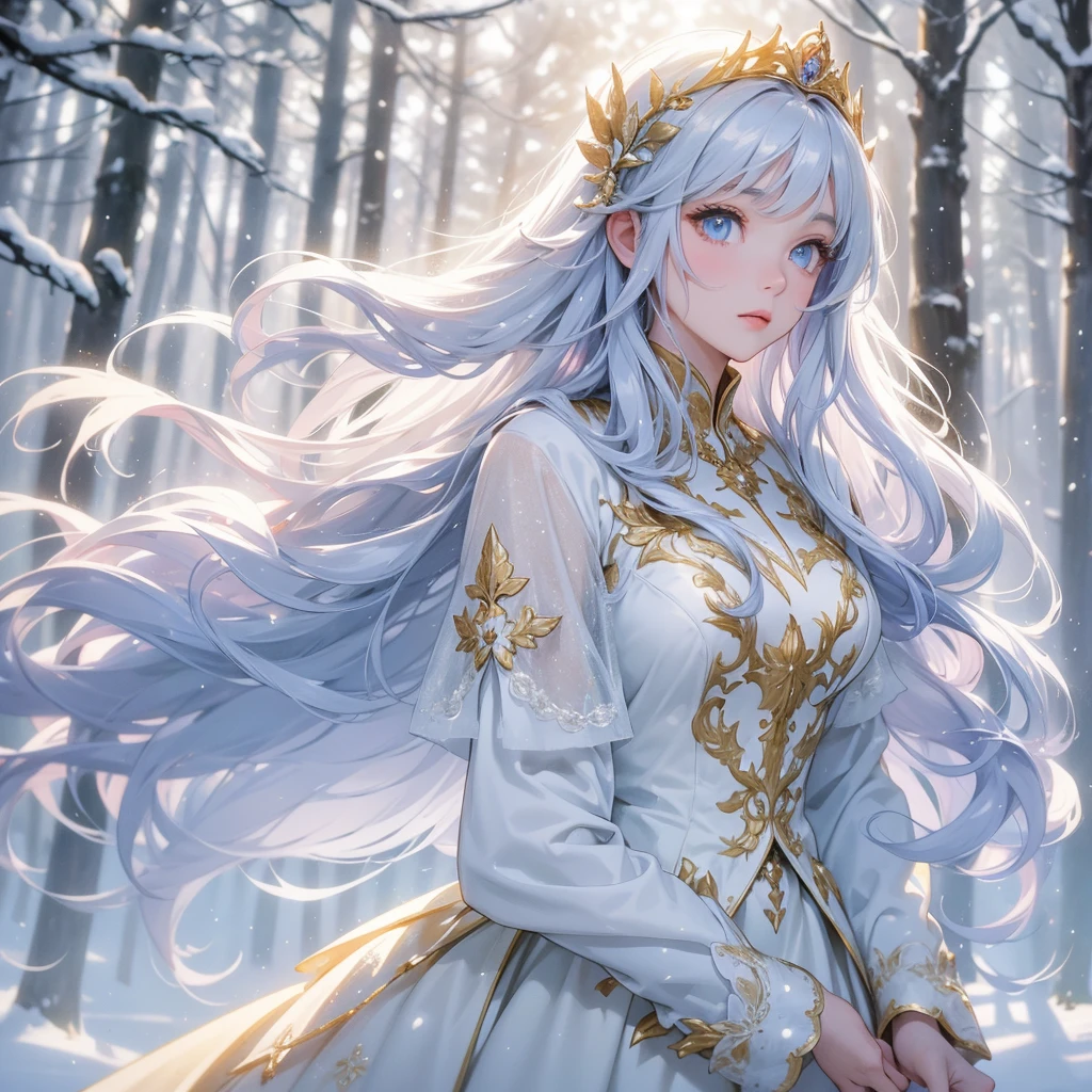 A beautiful girl with long hair, Wearing a fluffy, gold princess dress. Walking in a forest covered in white snowstorms. A very strong blizzard The trees were completely covered with white snow, with the sun shining on her face, close up.