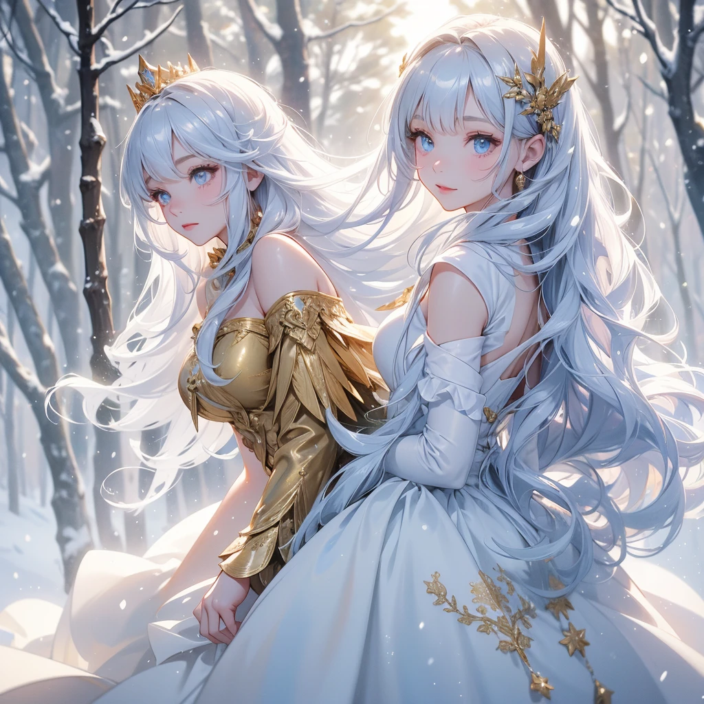 A beautiful girl with long hair, Wearing a fluffy, gold princess dress. Walking in a forest covered in white snowstorms. A very strong blizzard The trees were completely covered with white snow, with the sun shining on her face, close up.