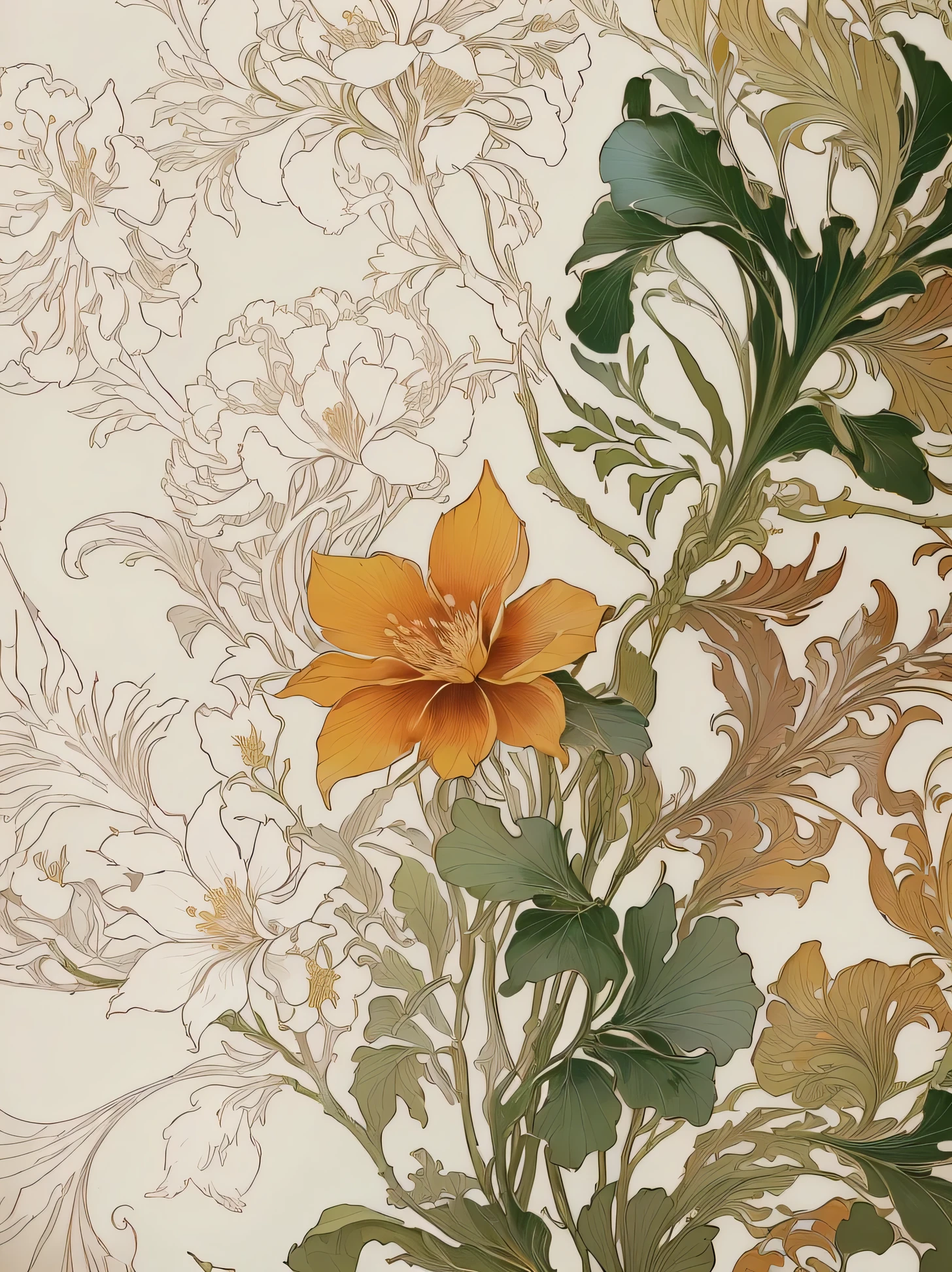 There is a picture of cherry blossoms.,There is a close-up of a flower in the middle,With leaves and flowers, art nouveau植物药, art nouveau, Inspired by Charles Morris DeMoult, James Jean & Alphonse Mucha's, Inspired by Alexandre Cabanel, Alphonse Mucha's in detail, Inspired by Eugene Glaser, art nouveau壁纸, Inspired by William Morris, Frederick Goodall (Frederick Goodall) of inspiration