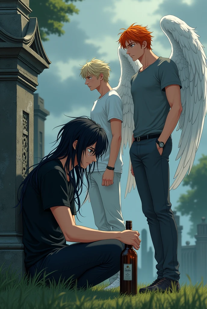 In the middle is a guy with long black hair, gray eyes, Beautiful face, beautiful body, black T-shirt, black trousers, crying, sits with a bottle of alcohol in a cemetery in front of a tombstone. A tall guy is sitting on the right, blond, Beautiful, Pumped up body, in a gray shirt and white pants with large angel wings and brown eyes. On the left sits a guy with orange hair, in a white T-shirt and dark gray pants, Blue eyes, Large angel wings. anime art, masterpiece, realistically, super detail, Hand detailing, Beautiful characters