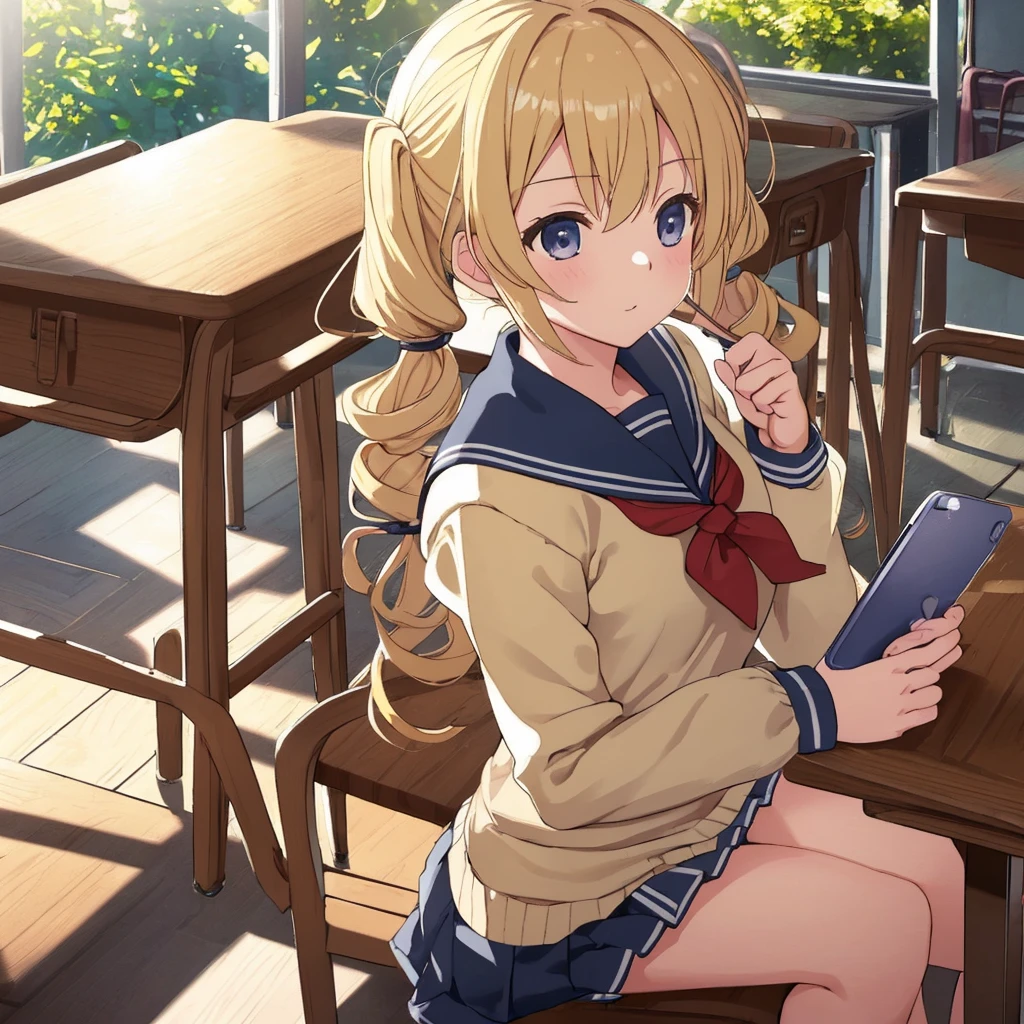 (Extremely detailed CG unity 8k wallpaper,masterpiece, best quality, Extremely detailed),School classroom settings,Sunlight through the trees,a beautiful blonde high school girl with pigtails and curly hair(D cup),in her hand,Fiddling with her smartphone,Beautiful brunette high school girl,Thin and flat-chested, Wearing a sailor suit,sit on the chair，and chatting with the blonde girl sitting at the table,night.