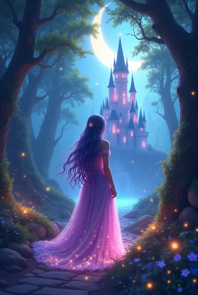 magic princess castle, fantasy mystical kindle in the woods, luminous light colors of the rainbow, sun and moon