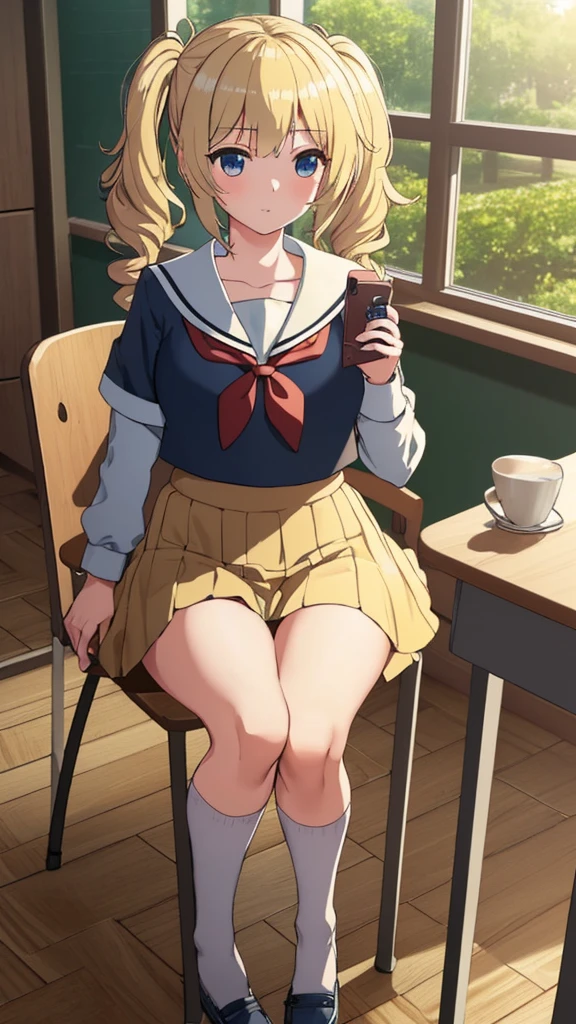 (Extremely detailed CG unity 8k wallpaper,masterpiece, best quality, Extremely detailed),School classroom settings,Sunlight through the trees,a beautiful blonde high school girl with pigtails and curly hair(D cup),in her hand,Fiddling with her smartphone,Beautiful brunette high school girl,Thin and flat-chested, Wearing a sailor suit,sit on the chair，and chatting with the blonde girl sitting at the table,night.