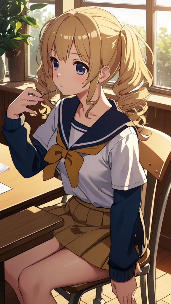 (Extremely detailed CG unity 8k wallpaper,masterpiece, best quality, Extremely detailed),School classroom settings,Sunlight through the trees,a beautiful blonde high school girl with pigtails and curly hair(D cup),in her hand,Fiddling with her smartphone,Beautiful brunette high school girl,Thin and flat-chested, Wearing a sailor suit,sit on the chair，and chatting with the blonde girl sitting at the table,night.