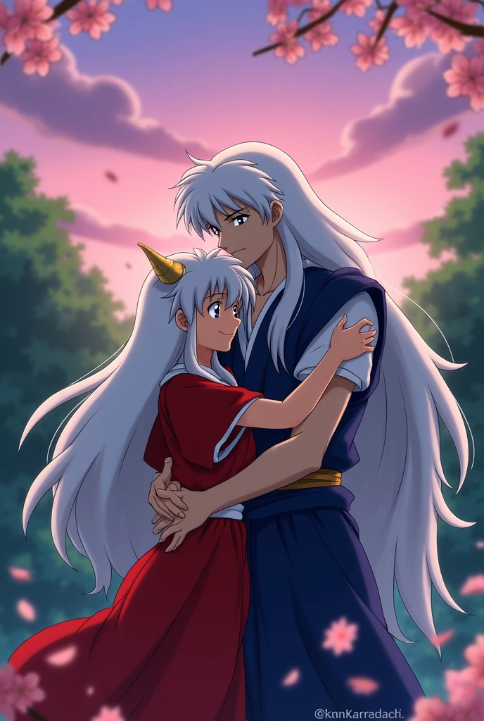 Inuyasha with his brother Sesshomaru in a brotherly embrace 