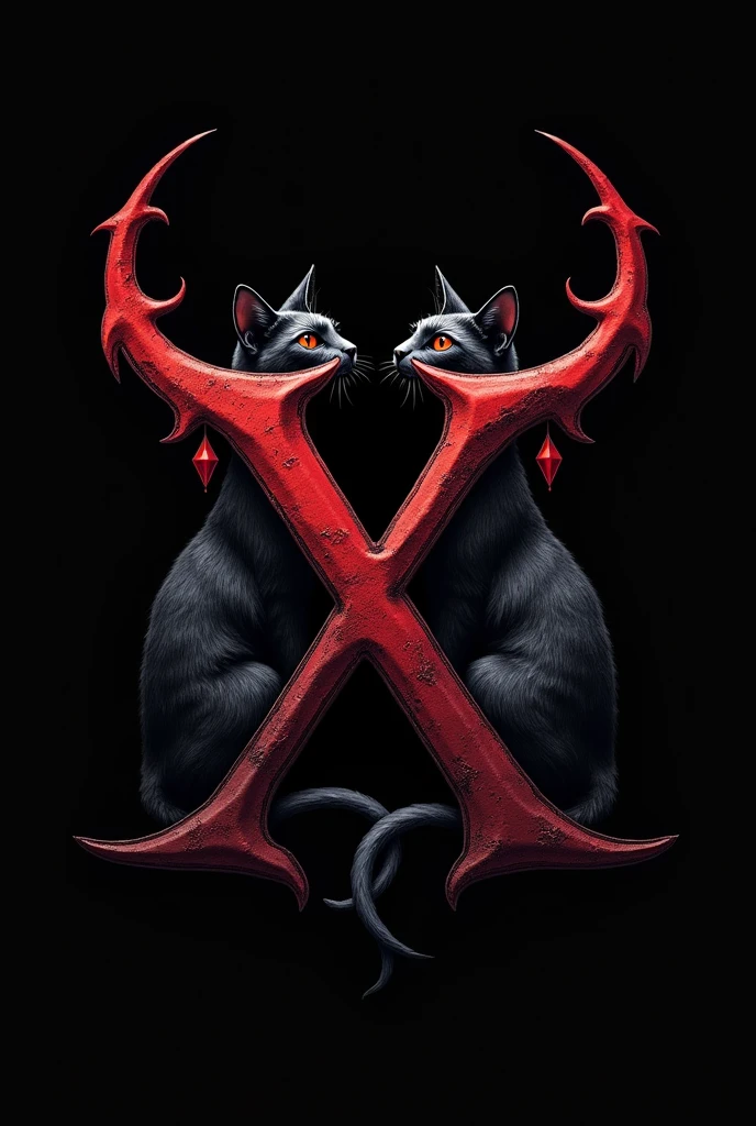 Create a logo featuring the intertwined letters "X" and "L" in a Gothic Style, Devil Style with blackcat symbols
