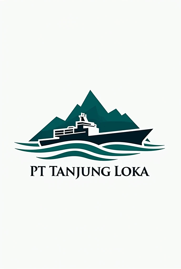 Create an iconic and elegant vector logo for an export company named 'PT Tanjung Loka.' The logo should feature a mountain at the top with a side-view silhouette of a container ship subtly integrated into the center of the mountain, ensuring the ship is visible but not the primary focus. Below the mountain, include stylized waves representing the ocean. The company name 'PT TANJUNG LOKA' should be placed at the bottom of the design, curving along the lower edge. The overall design should be balanced, using clean lines and a refined color palette to emphasize the mountain and ocean elements, with the ship adding a subtle connection to global trade."