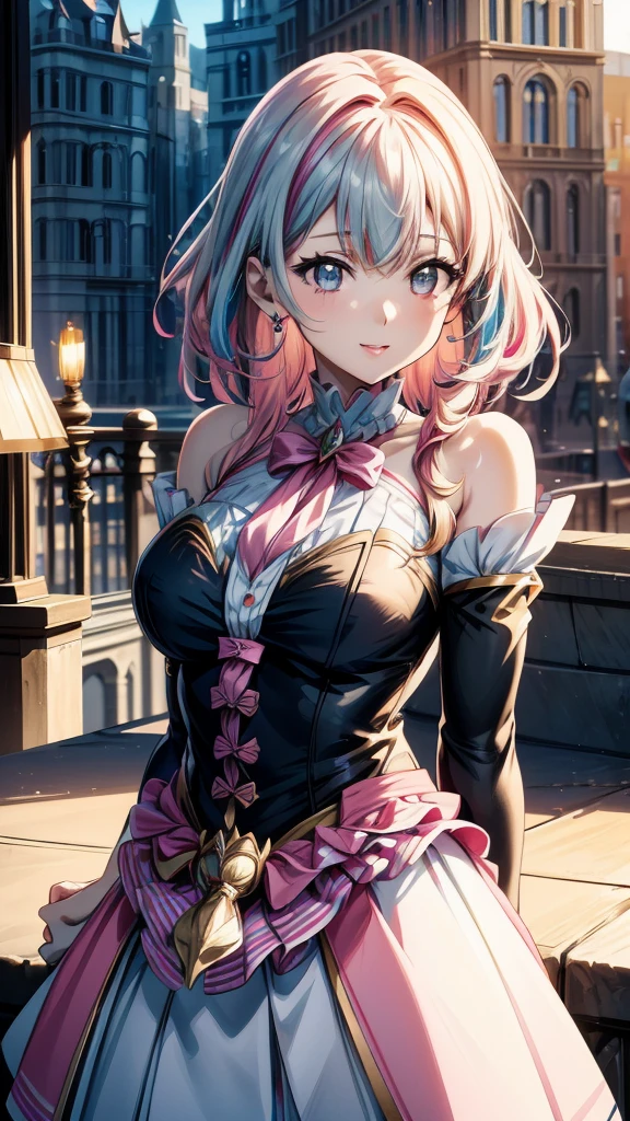 “(Top Quality, Masterpiece, Ultra High Definition, High Resolution, HDR, Unity 8K Wallpaper, Beautiful details, depth, delicacy, vibrant colors). A single girl in an anime style inspired by Epic Seven. She has beautifully detailed eyes, lips and face, her eyelashes are long, she wears an intricate and revealing gyaru-style uniform, a mini skirt, cute ribbons, accessories, her hands are not shown, her hair is multicolored with a striped curly texture, her hands are behind her back, a mix of rainbow hues and half white, half pink tones, the focus is on her upper body, capturing her smiling expression, her arms down, the accented mini skirt, this image highlights her attractive and adorable appearance, exuding an erotic and cute atmosphere. The girl's hairstyle is distinctive and different, adding uniqueness to her look, her hands are behind her back, this scene is rendered in ultra high definition CG, every detail is crisp and sharp.”