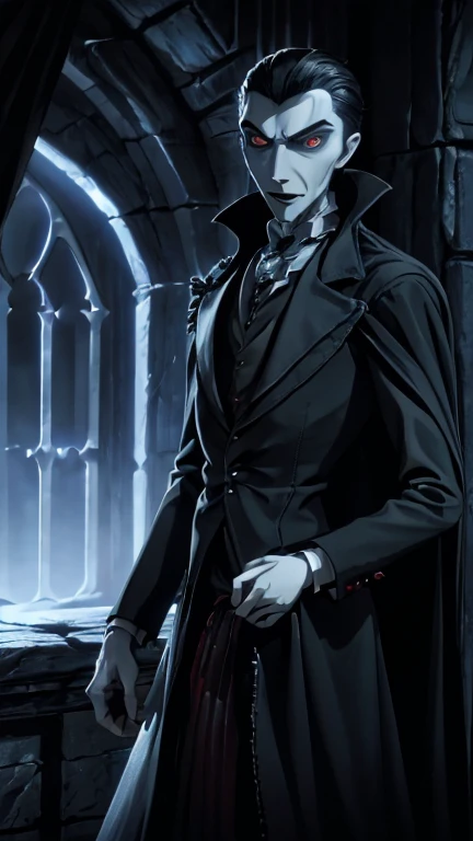 (1boy, Dracula), (extremely detailed CG unit 8k wallpaper),(master part), (best quality), (ultra detail), (best illustration),(TimBurton Animation), cowboy shot, (Sharp eyeliner, ombre, detail eyes), dark dungeon interiors background, ,break , (vamptech), solo, man in suit,