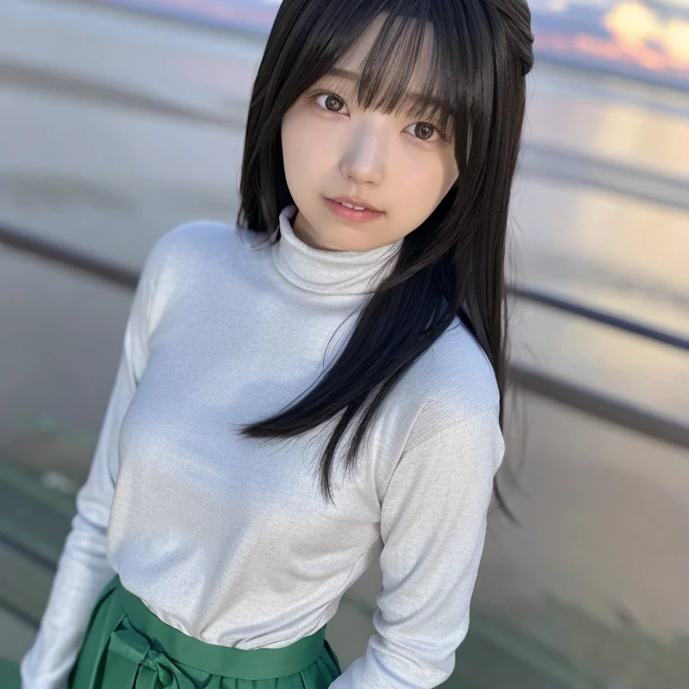 A full-length portrait of a beautiful girl, Standing with her hands clasped softly in front of her. She is dressed in a cute outfit, a t-shirt and a skirt., Long, flowing hair gracefully cascades down her back. The scene gently captures her, Dreamy Style, Highlighting her delicate features and a serene expression on her face. The background is simple, Beautiful Japanese Woman, 1 person,(Realistic:1.4), Highest quality, 8k, At 32K,((Short Turtleneck))、18-year-old、New York night view、Blur the background、Stand up straight、18-year-old、Perfect Face、Perfect body line、Japanese Idols、Beautiful full-length image、Belly short cut hairstyle、smile、Wearing small panties、Short Hairstyles、sexy