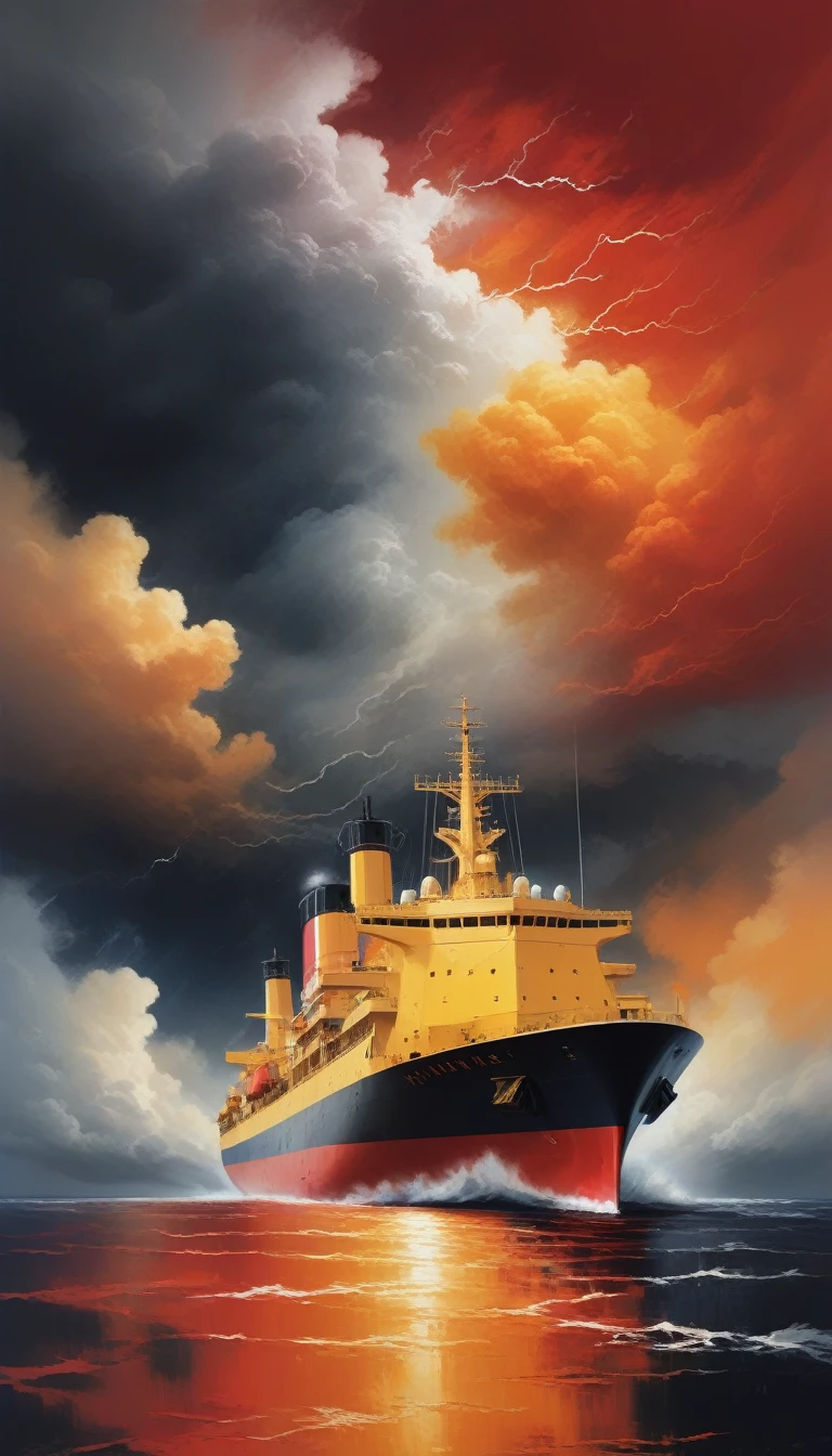 Hyper, quality, Super detailed, Very complicated, Hyperマキシマリスト, PSstyle3, Negative Space, Abstract,  red/yellow/orange, Cloud system, storm,  On the deck of the ship, stormに襲われた海