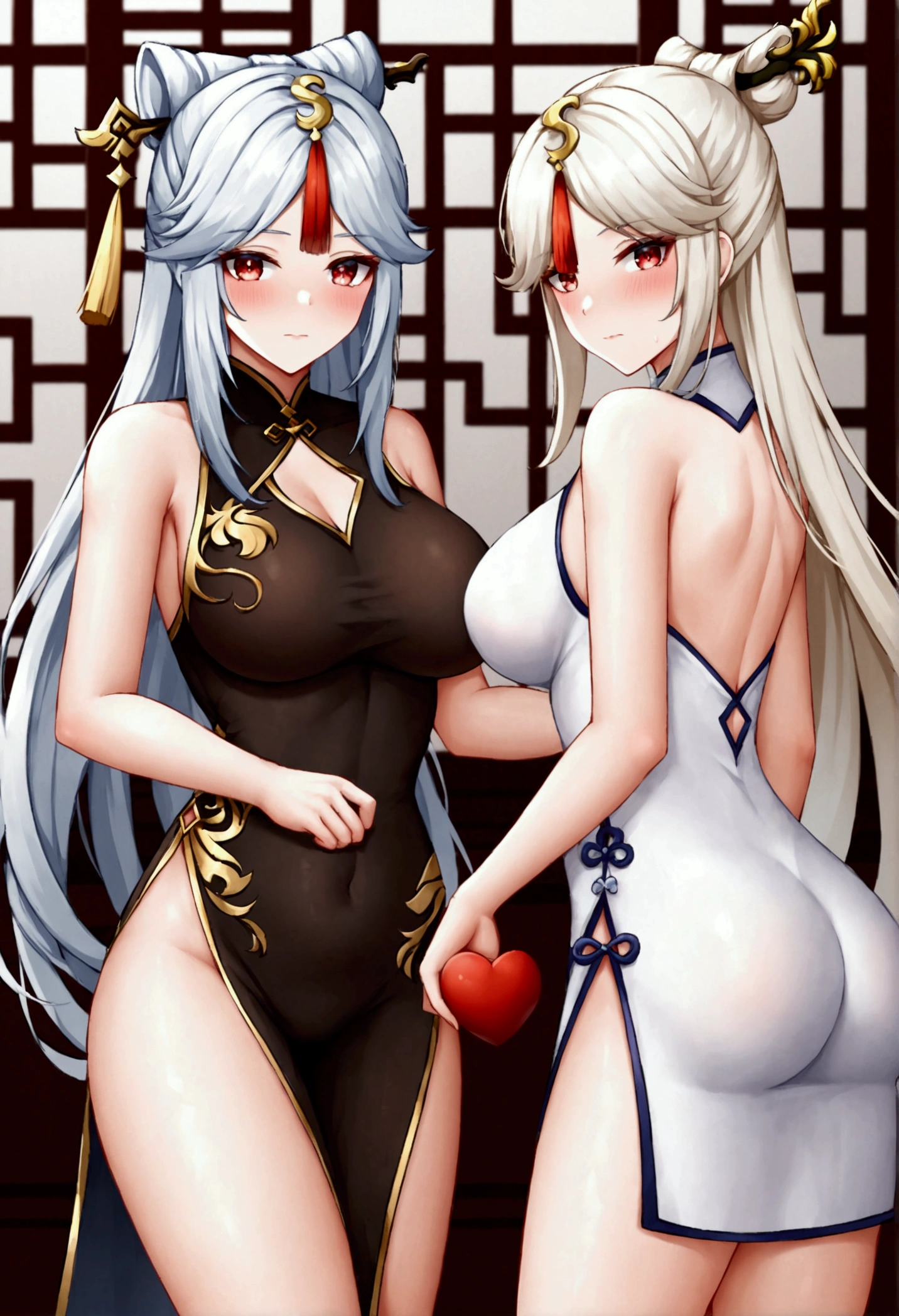 ningguang (genshin impact), 1girl, long hair, breasts, looking at viewer, blush, bangs, multiple girls, large breasts, hair ornament, red eyes, dress, holding, 2girls, bare shoulders, closed mouth, white hair, heart, solo focus, looking back, uncensored, chinese clothes, tassel, china dress