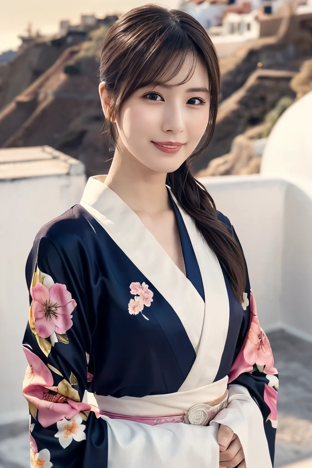 1 person, (Wearing a kimono with a pink floral pattern.:1.2), Very beautiful Japanese idol portraits, 
(RAW Photos, Highest quality), (Realistic, Realistic:1.4), (masterpiece), 
Very delicate and beautiful, Very detailed, 2k wallpaper, wonderful, finely, Very detailed CG Unity 8k 壁紙, Very detailed, High resolution, Soft Light, 
Beautiful details, Very detailed目と顔, Beautiful and sophisticated nose, Beautiful and beautiful eyes, Cinema Lighting, 
(Commemorative photo on Santorini Island:1.3), (White Building), (blue sky), (Church bells), (Aegean Sea),
(Japanese hairstyle), (Tie your hair at the back:1.3), (bangs), (hairpin), 
Complete Anatomy, Slender body, Small breasts, smile