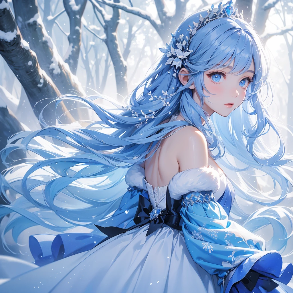 A beautiful girl with long hair, Wear a blue fluffy princess dress in the winter. Walking in a forest covered in white snowstorms. A very strong blizzard The trees were completely covered with white snow, with the sun shining on her face, close up.
