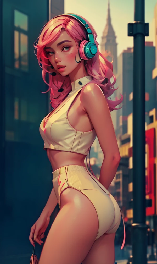 model girl wearing headphones, city background, intricate details, aesthetically pleasing pastel colors, poster background, art by conrad roset and ilya kuvshinov