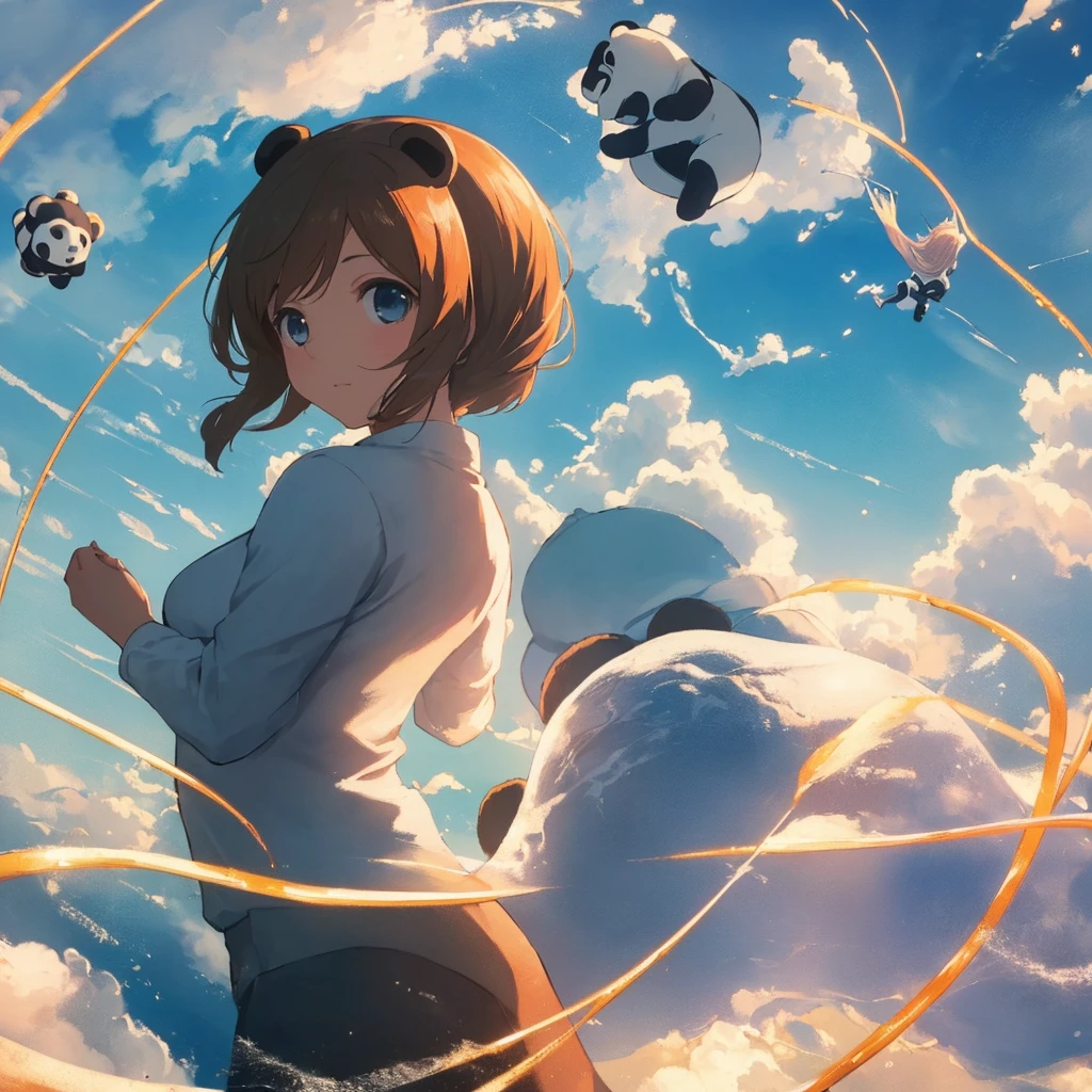 masterpiece, Top quality, Movie Stills, A girl, Floating in the air, cloud女孩, cloud, (close up: 1.1), bright, Happy, pleasure, Soft lighting, (Bauhaus, shape, Wire, Abstract: 1.1), Panda ears