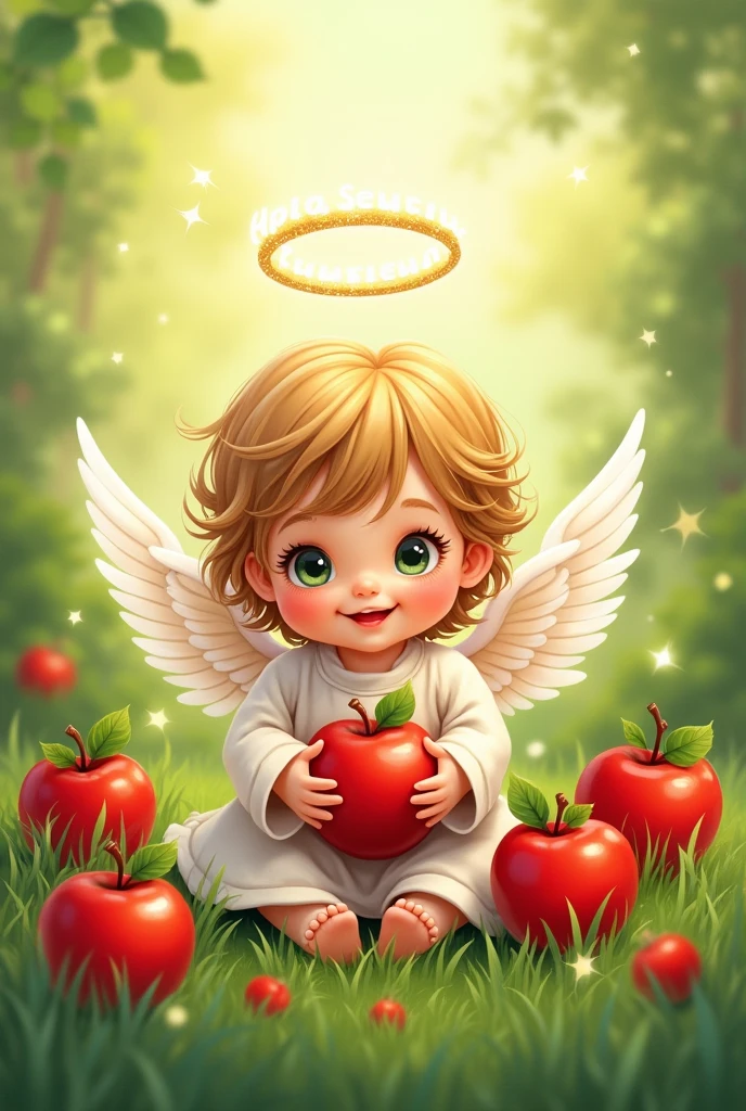 drawn drawing, Sticker, In the style of an illustration, a beautiful  angel - a child e grass, Sticker, light eyes, halo overhead, smile, Sticker, apples in hand,Apple Savior holiday. Cyrillic words Apple Savior