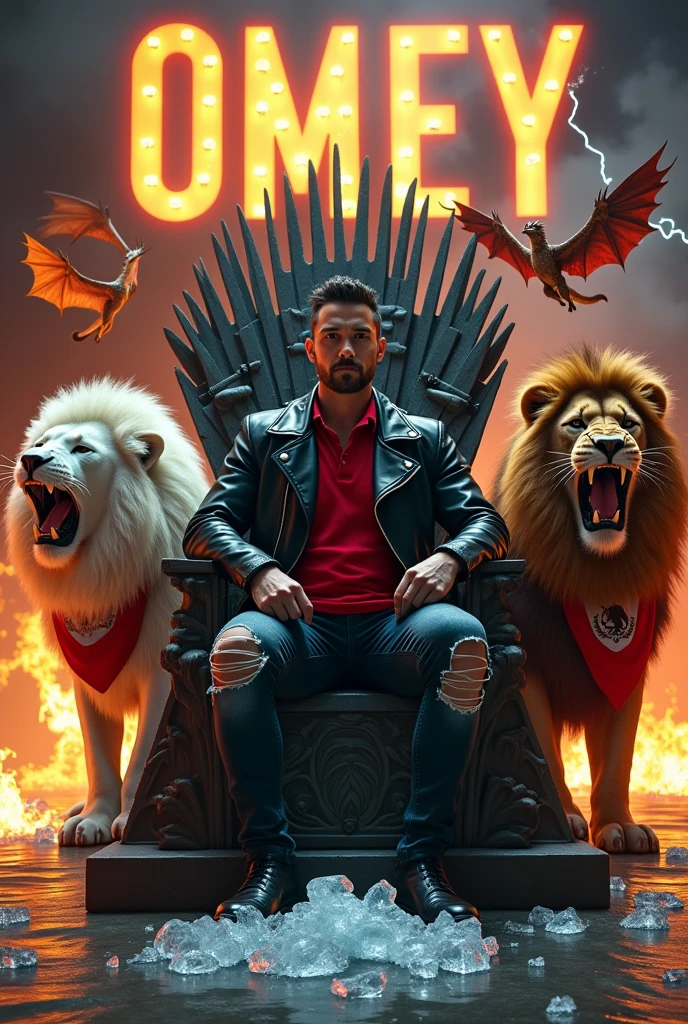Create a man about 43 years old with ripped jeans , red polo shirt and black leather jacket sitting on the iron throne with black lace-up boots , Next to him there are two lions, one white and one brown, roaring, and two Mexican pennants, one on the throne and the other near the white lion.,On the left side there is a flying dragon spewing fire and on the right side a flying dragon spewing lightning from its mouth. You can see the text "OMEY" There are melted ice cubes with water on the floor. Everything is well detailed, Luxury premiere style. Camera shot of 10k
