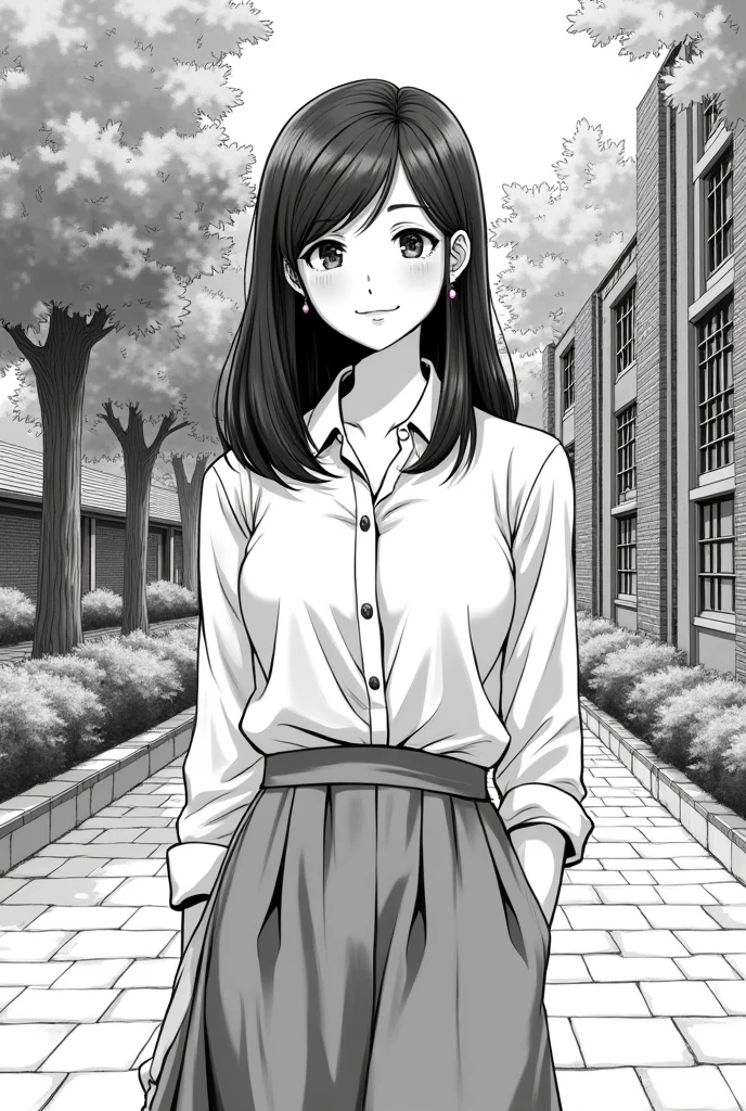 A college girl, medium complexion, long skirt and button-up shirt, medium length hair in black and white manga style
