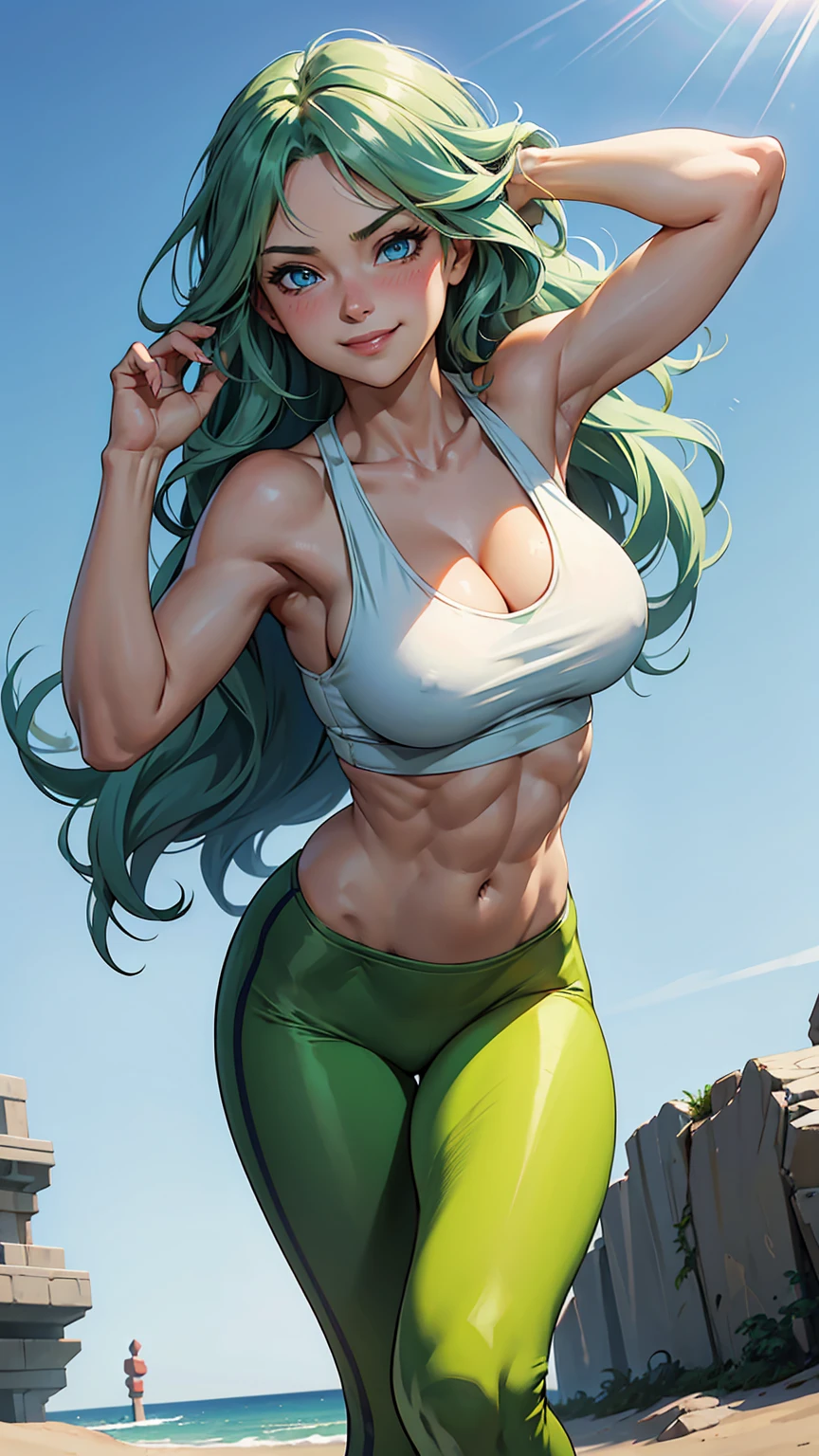 1girl, beautiful fair skin, blue eyes, long wavy green hair, white tank top, yoga pants, medium , cleavage, large breast, dynamic poses, toned abs, cute shy smile, blushing
