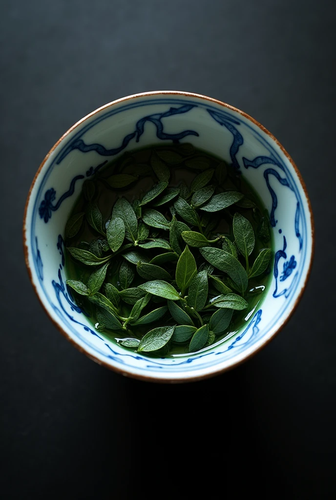 The camera looks down from directly above on a Chinese blue and white porcelain teacup filled with dark green one-core and two-leaf Chinese mountain tea.,((Right beneath the surface, You can see that after drying, the Chinese high mountain dry tea with one core and two leaves is soaked in dark green.)),simple,Movie Lighting,专业photography,Studio Lighting,Black desktop background,photography,Intricate details,Ultra Detail,Hyper-photorealism,8K Ultra HD ((Top-down view,Top view, bird's eye view))